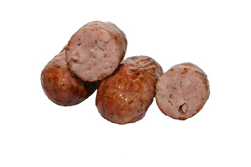 Grilled sausages, two whole and one cut in half.