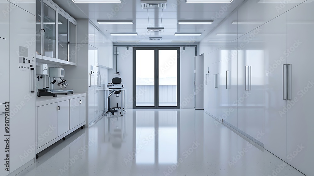 Poster microscope and dna chain in the laboratory. 3d rendering