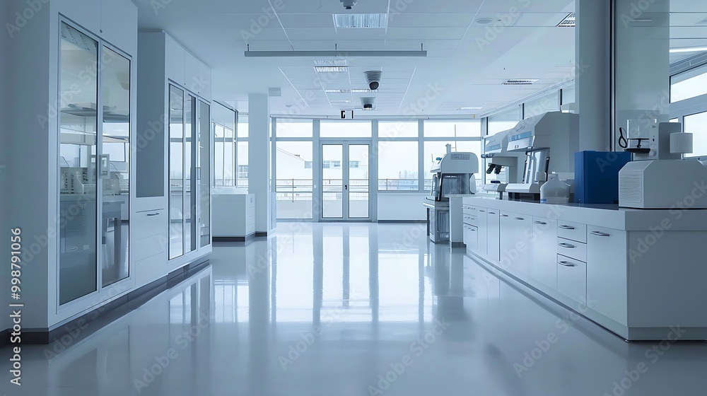 Poster microscope and dna chain in the laboratory. 3d rendering