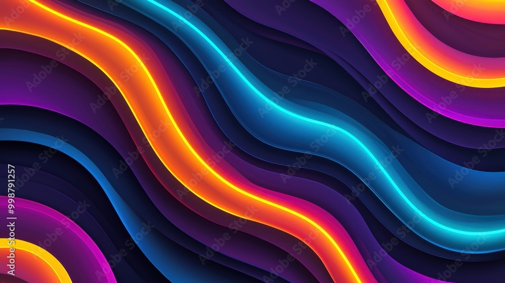 Poster vibrant wavy lines with neon colors on a dark background, creating a dynamic and modern visual effec