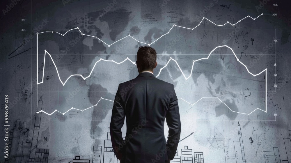 Poster A man in a suit stands in front of a wall with a graph on it