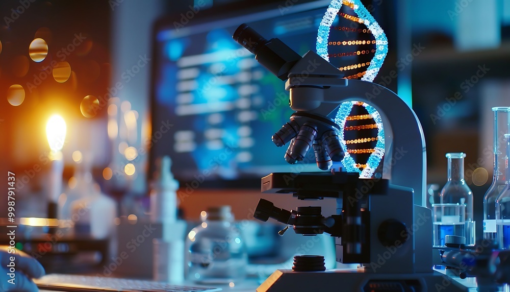 Poster microscope and dna chain in the laboratory. 3d rendering