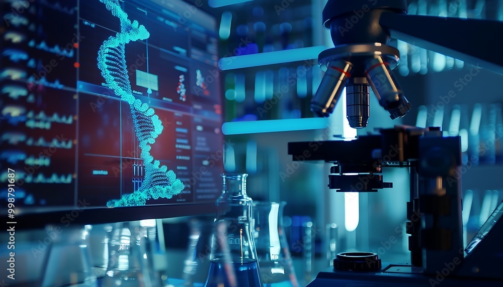Poster microscope and dna chain in the laboratory. 3d rendering