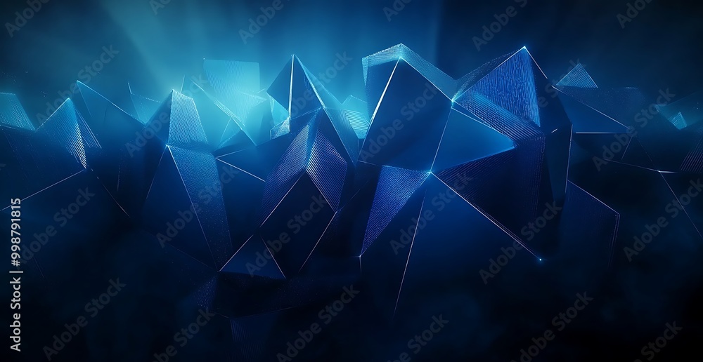 Poster blue geometric structures give a glowing luminescent effect against a dark backdrop, ideal for high-