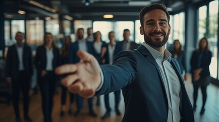 Obraz premium Businessman in a suit Stretch out your hand to welcome Welcome to the group. with a team behind him in the office