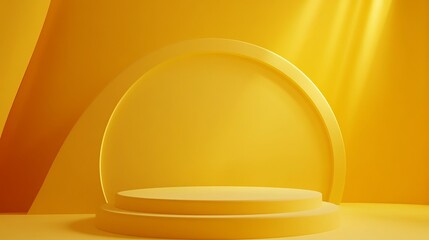 Abstract 3D composition with a yellow podium. Minimal studio scene, round pedestal with ample copy space. Futuristic interior backdrop suitable for a landing page, showcasing products,