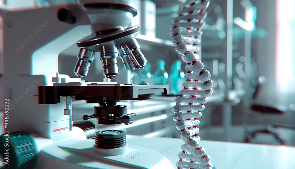 Poster microscope and dna chain in the laboratory. 3d rendering