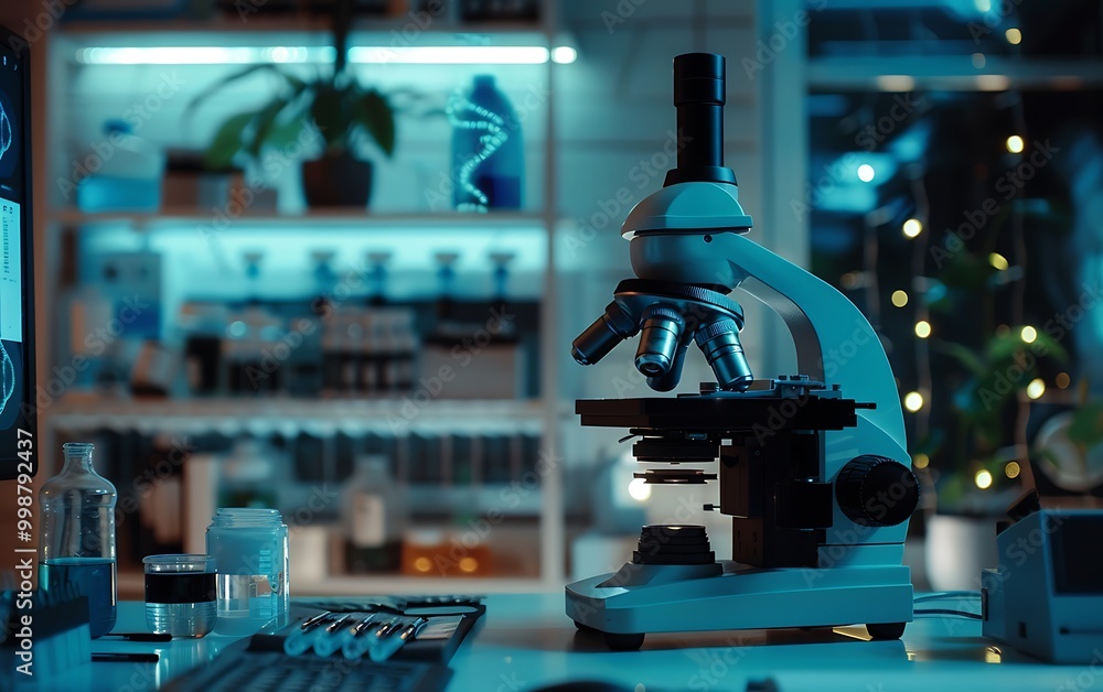 Poster microscope and dna chain in the laboratory. 3d rendering