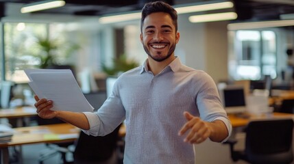 Fototapeta premium The man in the office smiles happily. With business success