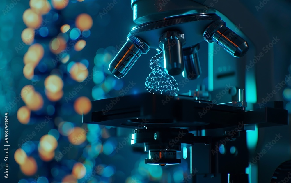 Poster microscope and dna chain in the laboratory. 3d rendering