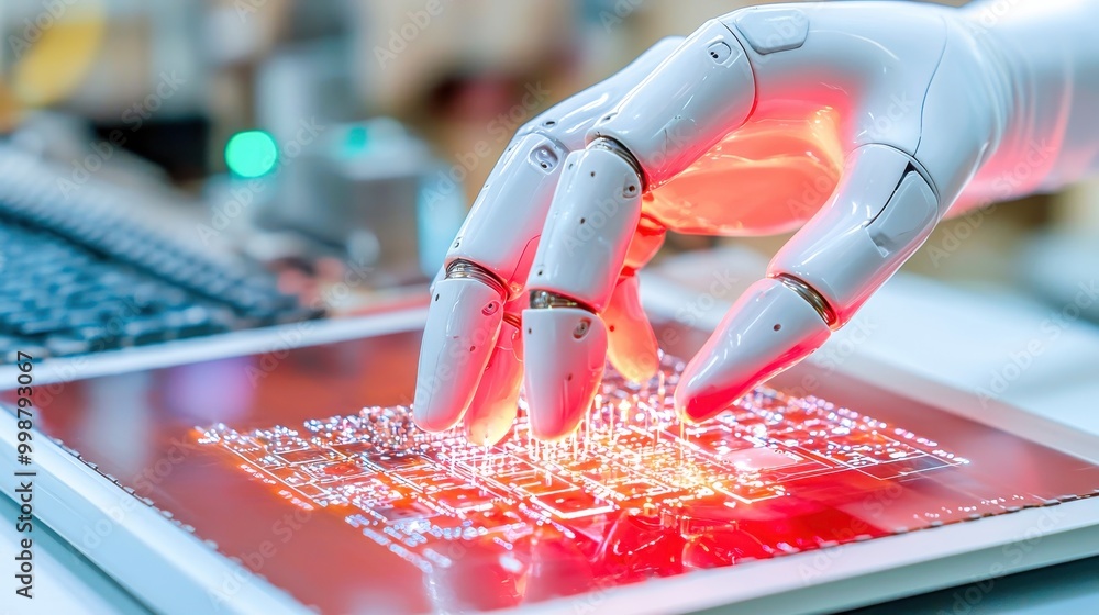 Poster robotic hand interacting with a glowing digital interface, representing advanced technology and auto