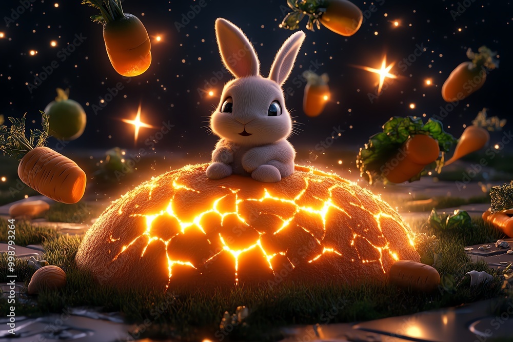 Poster design a cute bunny sitting on a large carrot-shaped planet in space, surrounded by glowing stars an