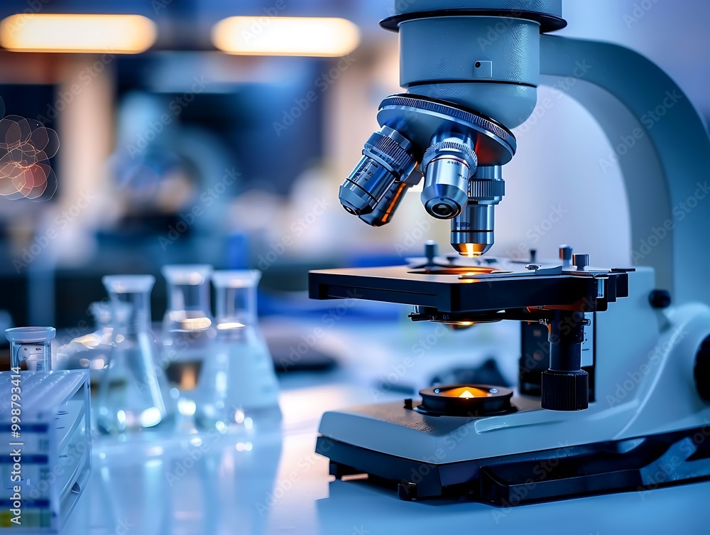 Poster microscope and dna chain in the laboratory. 3d rendering