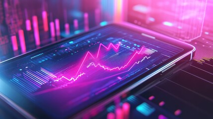 A futuristic tablet displays a financial graph with neon pink and blue lighting.