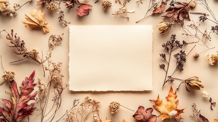 An autumn-inspired composition features a blank sheet of paper amidst dried flowers and leaves, arranged on a soft beige background. This evocative image captures the essence of the fall season