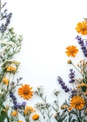 Colorful flowers all around with white background and a large space for text in the middle.