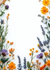Colorful flowers all around with white background and a large space for text in the middle.
