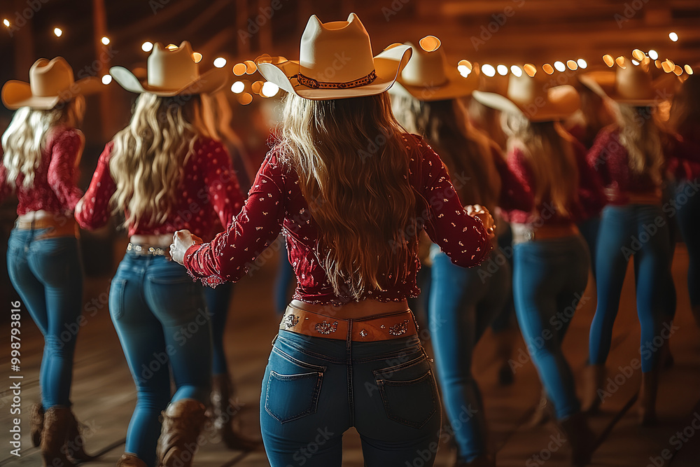 Wall mural Cowgirls line dancing in a rustic barn during an evening country dance event
