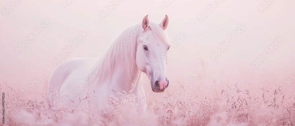 Wall mural  A white horse stands in a field of tall grass Pink fog pervades the sky in the background