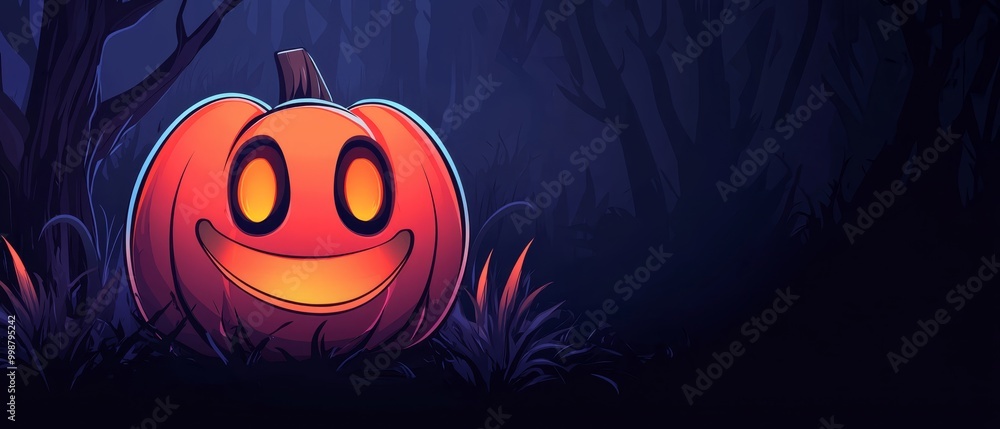 Poster  A Halloween pumpkin, with a creepy face and glowing eyes, sits in the midst of a forest