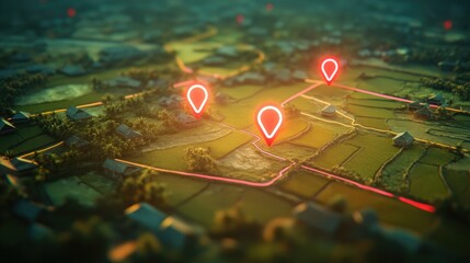 Aerial view of a rural area with a digital map showing connecting points with glowing red pins.