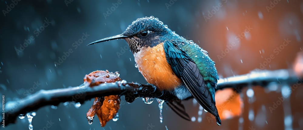 Poster  A vibrant bird perches atop a tree branch, dripping with water An adjacent branch showcases an orange-blue bird with its tip adorned