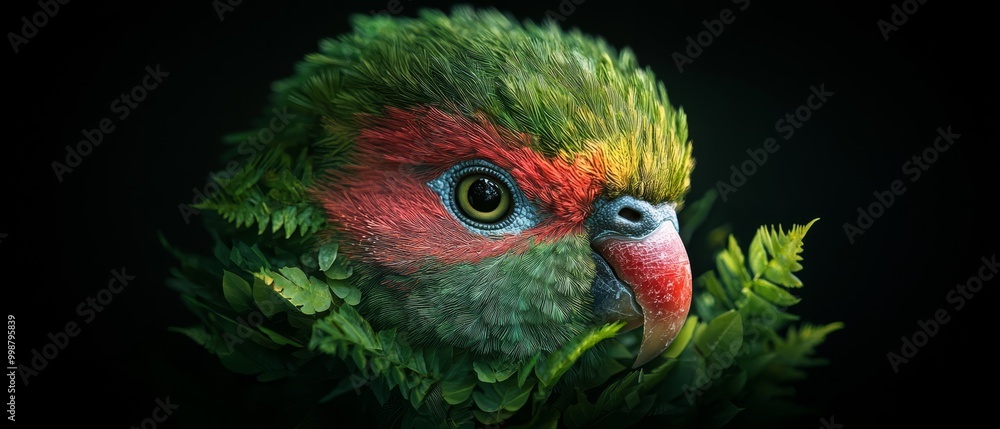 Poster  A tight shot of a parrot's expressive face, with a tree branch in the near foreground against a dark backdrop