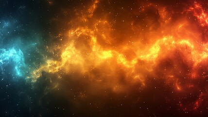 cosmic scene featuring vibrant streams of energy flowing through space, filled with stars and galaxies. colors transition from fiery reds and oranges to cool blues and purples