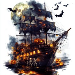 Spooky pirate ship with skeletons and Halloween decor