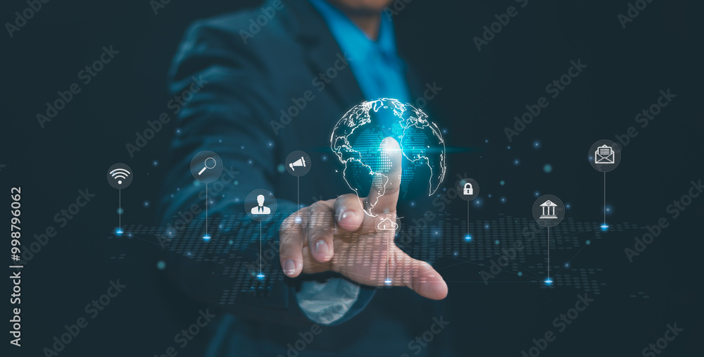 Poster global internet connection, application technology, digital link technology, big data,businessman ta