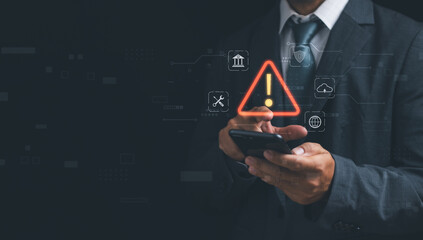 Warning or alert, technology scam, tech crime Concept ,Man show warning of access to software,...
