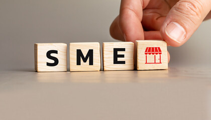 SME Concept with Wooden Cubes Representing Small and Medium Enterprises, Hand Arranging Blocks with Shop Icon, Symbolizing Retail and Local Business Development.