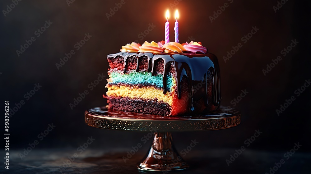 Wall mural a slice of rainbow cake with chocolate frosting and two lit candles on a cake stand.