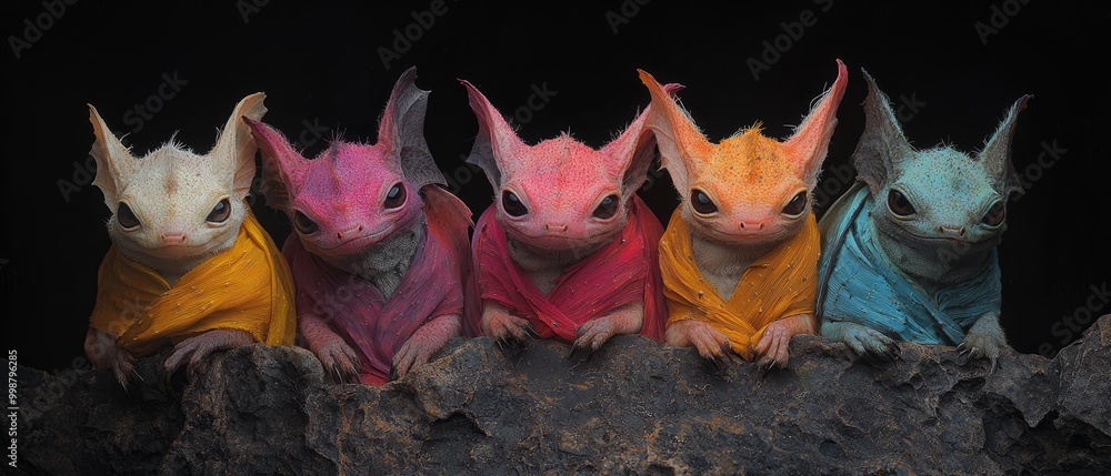 Poster  A small group of Sphynx monkeys with vibrant hair perches on a rock against a black backdrop