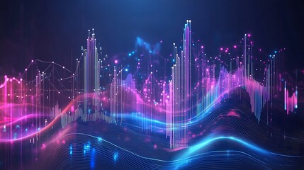 Abstract digital art with glowing lines and dots in blue, pink and purple on a dark background.