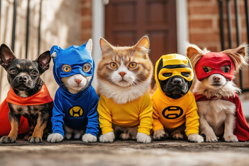 Five pets dressed as superheroes in blue and yellow costumes. Halloween superhero pets
Five pets, including cats and dogs, dressed as superheroes in blue and yellow costumes, celebrating Halloween tog
