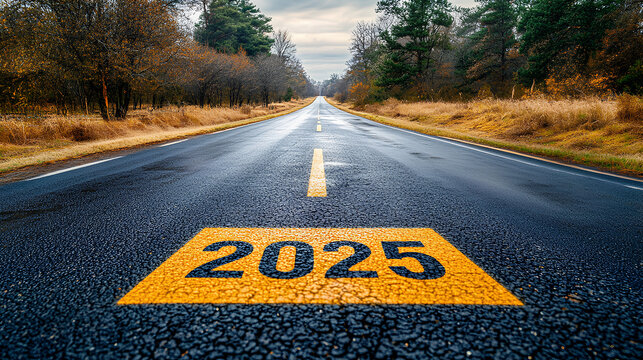 Road to 2025 with an empty road with written 2025 and arrow pointing towards the horizon to represent the future and positivity and success of the new year 2025 