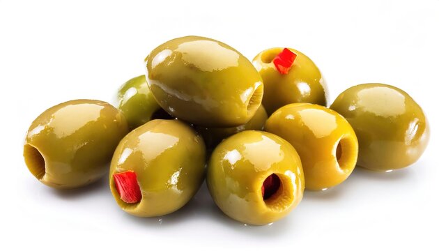 Green Spanish olives - Olea europaea - stuffed with red pimiento peppers is a major agricultural importance in the Mediterranean region as the source of olive oil isolated on white background