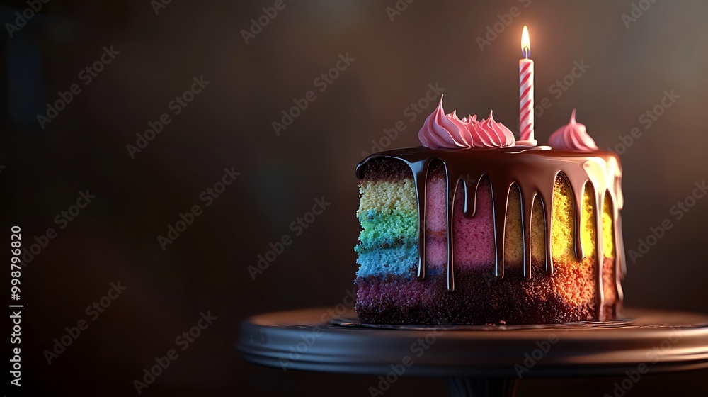Poster A single slice of rainbow layer cake with chocolate frosting and a lit candle on a cake stand.