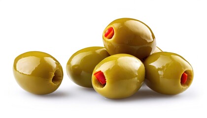 Green Spanish olives - Olea europaea - stuffed with red pimiento peppers is a major agricultural importance in the Mediterranean region as the source of olive oil isolated on white background