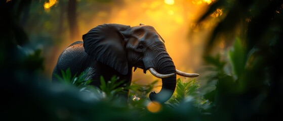  An elephant stands in the forest, sun illuminating its back, trunk raised high