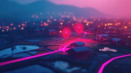 Obraz premium A glowing pink line connects two pink location pins on a map of a rural town at night.