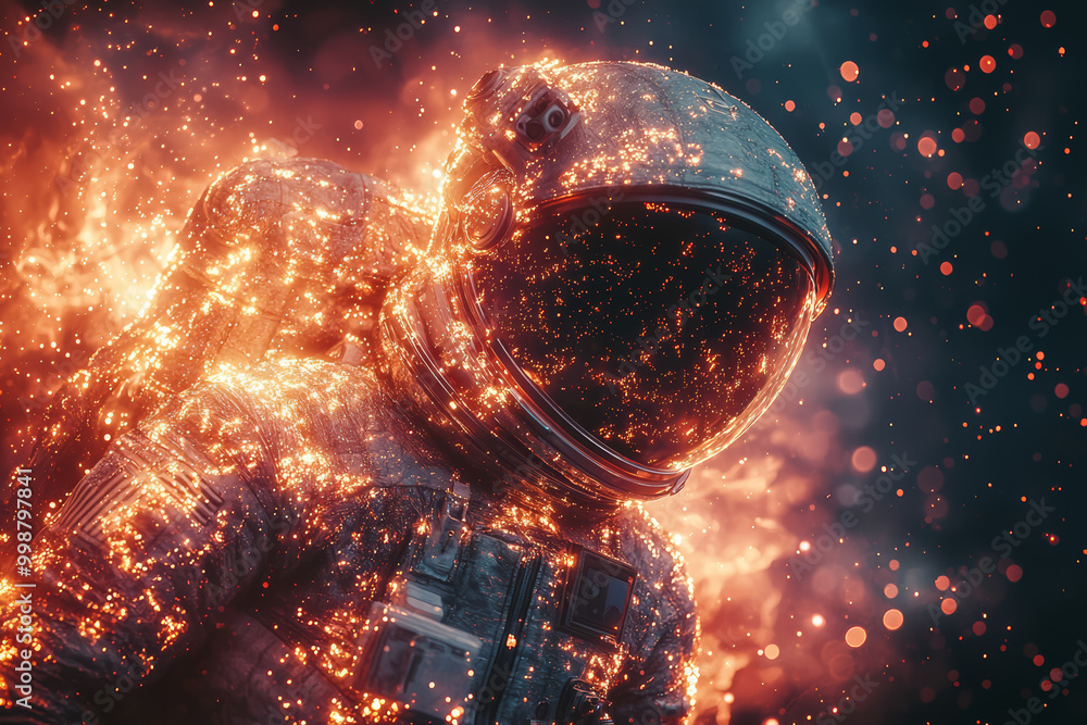 Poster an astronaut's form combined with the vastness of space, representing exploration and the unknown th