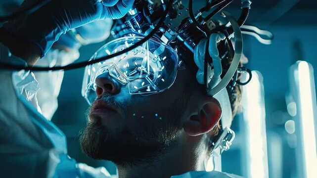 Scientist in a lab is adjusting a brainwave scanning device with electrodes on a young man, enhancing his cognitive abilities