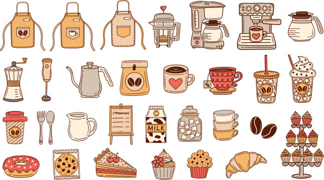 Coffee and pastry shop elements lined illustration set. Barista accessories and tools, cafe appliance and equipment, coffee drinks, pastry desserts and more. Hand drawn vector illustrations.