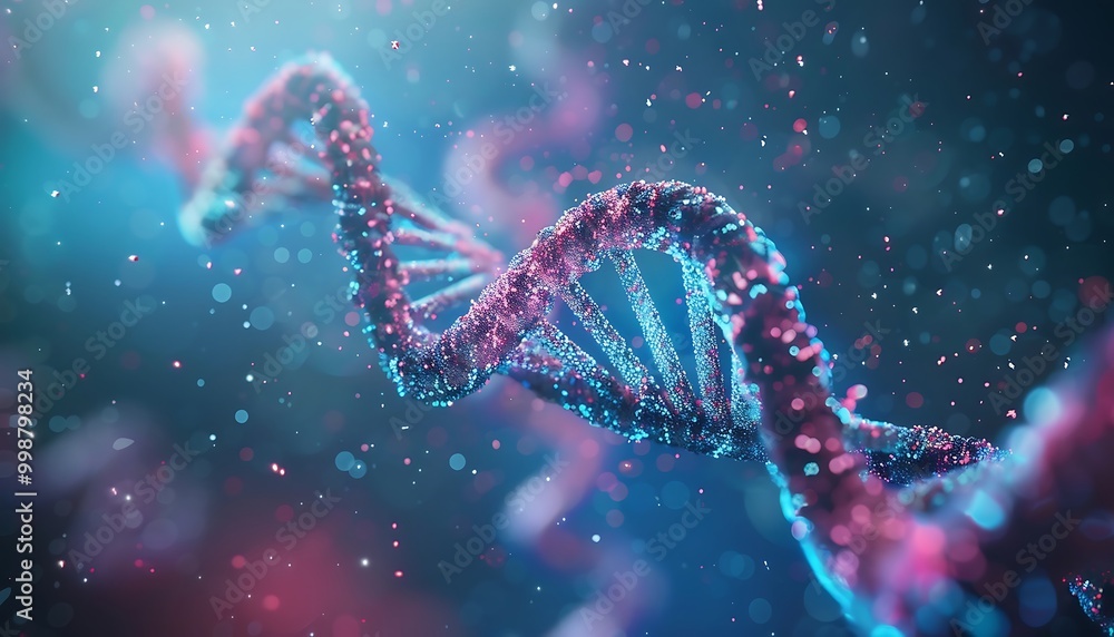 Aufkleber 3d rendering of dna molecule with glowing particles on dark background