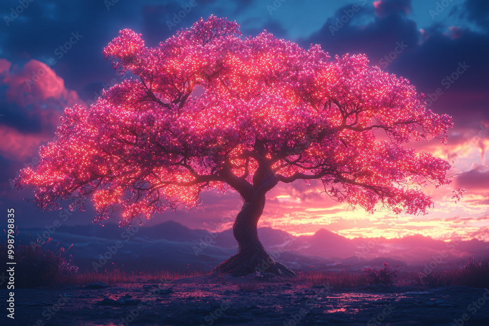 Canvas Prints a tree with branches that are made of glowing neon lights, blending nature with modern technology.