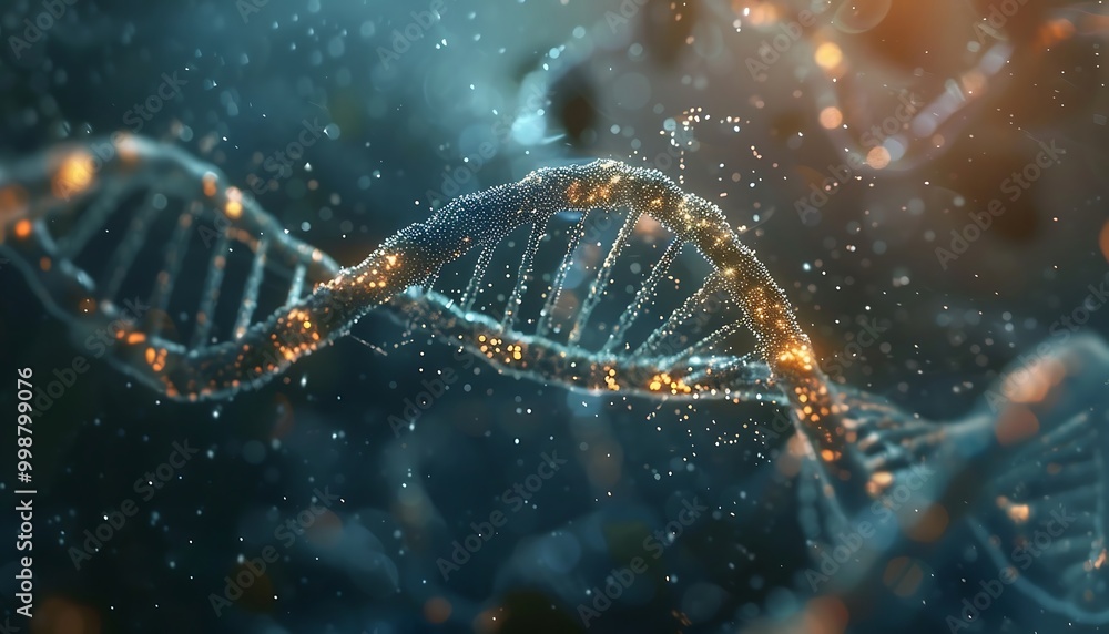 Poster 3d rendering of dna molecule with glowing particles on dark background