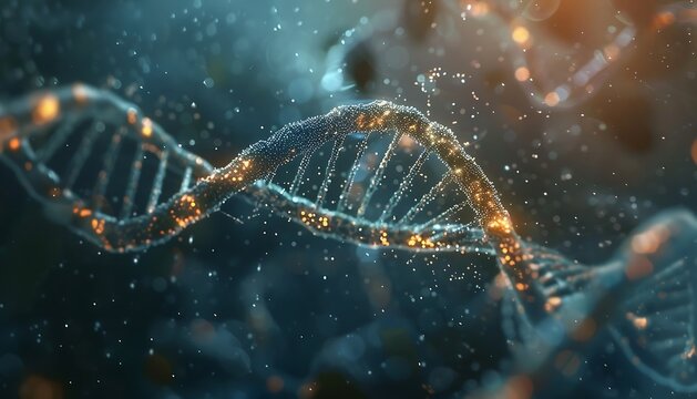 3d rendering of dna molecule with glowing particles on dark background