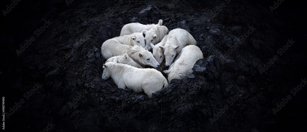 Poster  A cluster of white polar bears gathered closely in the dark, their heads leaning on one another's shoulders